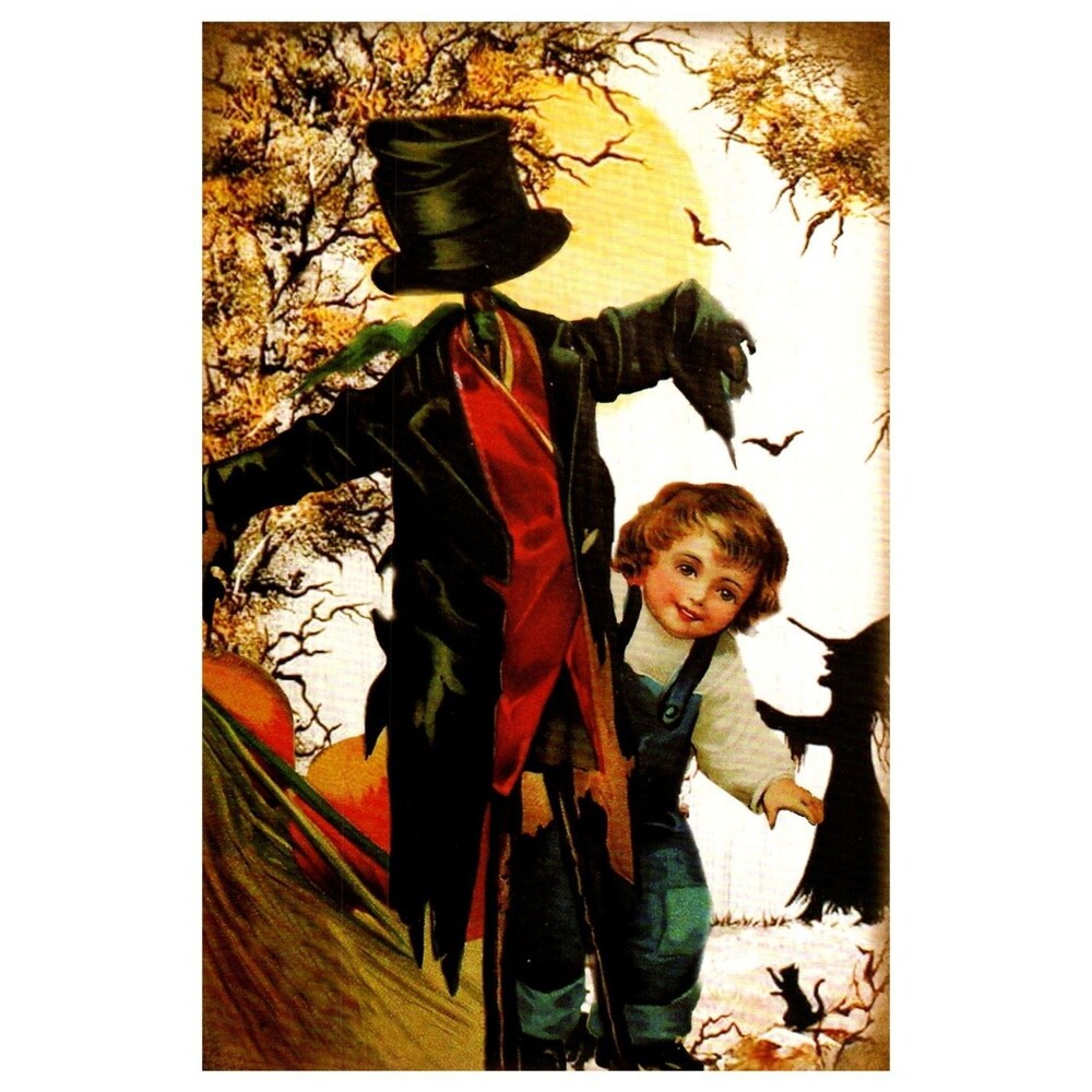 Vintage Style Halloween Postcard Scarecrow Child Witch Bats Full Moon